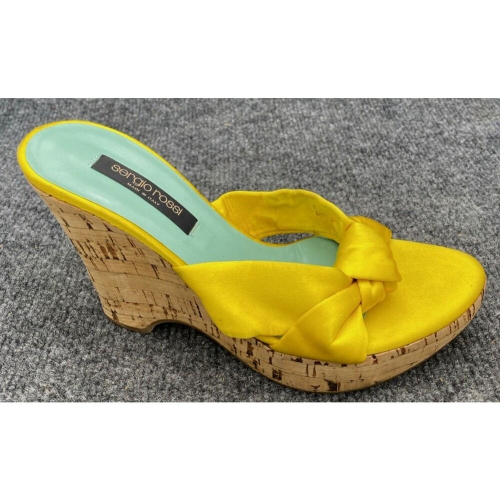 Sergio Rossi Yellow Satin Cork Wedge Sandals Size 35 Made in Italy Platform Heel